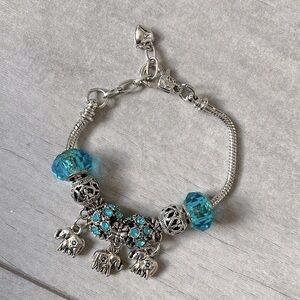 NWOT Charm Bracelet Pandora Style Elephants Turquoise Crystal Silver 9 Charms